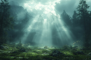 Canvas Print - A stunning image of a serene, mist-covered forest with sun rays piercing through the fog, creating a mystical and awe-inspiring atmosphere.