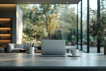 A sleek, modern office desk with only a laptop and a single coffee cup, emphasizing simplicity and efficiency in the business environment.