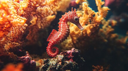 Canvas Print - A red seahorse with white spots swims amidst vibrant coral reefs.