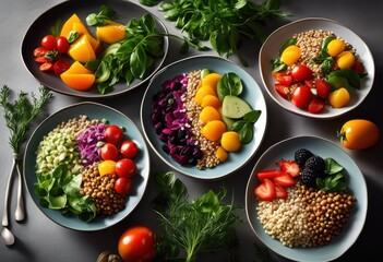 Wall Mural - colorful plant based dishes artfully arranged simple minimalist backgrounds fresh healthy dining experience, bowl, plate, salad, vegetable, fruit, cuisine