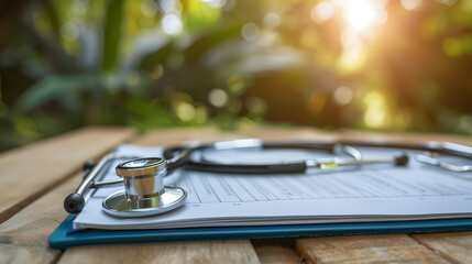 Stethoscope and clipboard on the doctor's workplace close-up