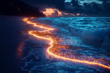 Wall Mural - a mesmerizing image of a glowing, bioluminescent beach with waves illuminated by natural light, crea