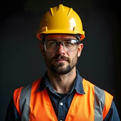 Confident Construction Worker in Full Safety Gear – Hard Hat, Reflective Vest, and Safety Goggles | Front View