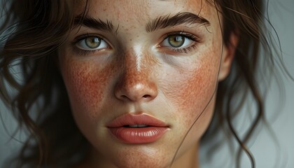 Wall Mural - realistic portrait with detailed skin texture, visible freckles, enhanced light and shadows for depth, and overall improved image quality