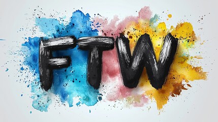 Wall Mural - A striking 'FTW' text illustration with large letters placed amid splashes of blue, yellow, and pink hues on a plain background, exuding abstract confidence.