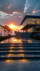 Canvas Print - Modern Architecture Building with Sunset Sky and Stairs