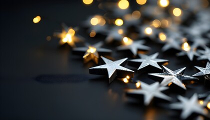 Sleek black backdrop adorned with elegant metallic stars softly illuminated for a captivating close-up shot