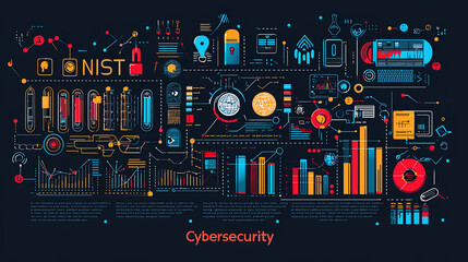 A detailed and vibrant illustration representing NIST cybersecurity protocols, featuring various data charts, graphs, and technical diagrams illustrating network security.
