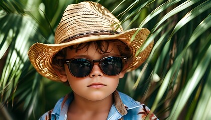 Carefree boy in a straw hat and sunglasses amidst lush palm leaves