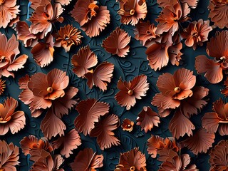 Wall Mural - 3d seamless background with leaves,red and yellow chrysanthemum