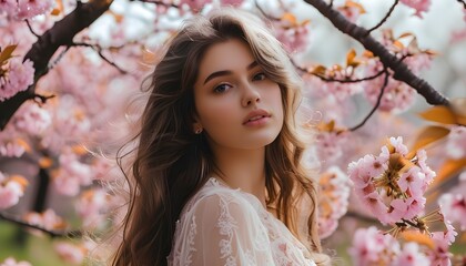 Wall Mural - Elegant young woman amidst blooming cherry blossoms in a vibrant field