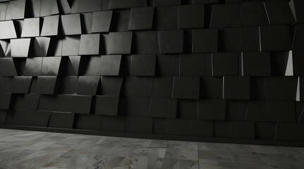 Polished semigloss wall background with tiles triangular tile texture with 3D black blocks 3D render.Generative.Ai
