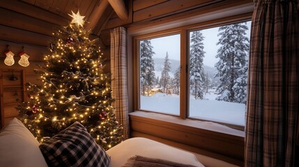 Sticker - An open window reveals a snowy landscape adorned with Christmas lights and decorated trees, creating a warm and inviting atmosphere on a winter evening