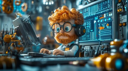 A creative character with curly orange hair, wearing glasses and headphones, operates a computer in a tech-themed environment filled with robots and screens.