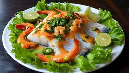 Wall Mural - Vibrant ceviche platter featuring fresh fish and shrimp on a bed of lettuce, drizzled with zesty aji amarillo sauce