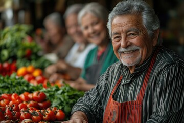 Wall Mural - Retired Adults Enjoy Hands-On Cooking Class with Cheerful Chef Using Fresh Ingredients