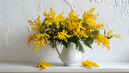 Wall Mural - Bright mimosa bouquet in a white vase on a shelf against a clean white wall, capturing the essence of spring with vibrant yellow blooms