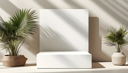 Wall Mural - Elegant white podium on soft pastel background, creating a perfect presentation stage for beauty products with subtle shadows enhancing the aesthetic appeal.