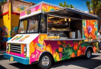 vibrant food truck offering delicious colorful meals fresh eye catching mouthwatering flavors, ingredients, cuisine, street, savory, gourmet, vegetables