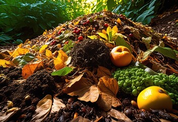 vibrant compost pile overflowing diverse organic matter displaying rich textures colors natural setting, soil, plants, vegetables, fruits, garden, waste