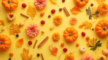 An autumn-themed arrangement with leaves, pumpkins, and colorful elements on a yellow background for festive vibes.