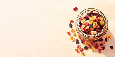 Wall Mural - Open jar of dried fruits with some spilled on the table surface, sweet illustration