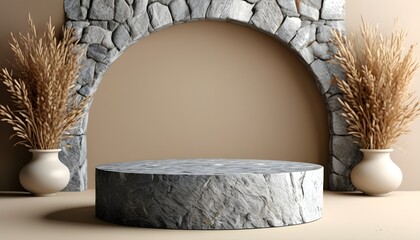 Wall Mural - Elegantly designed stone podium mockup set against a chic beige backdrop in frontal perspective