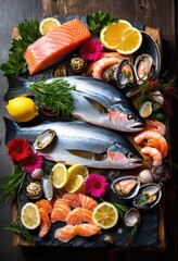 Canvas Print - vibrant seafood arrangement displayed textured backdrop featuring fresh colorful garnishes culinary feast, fish, shellfish, platter, presentation, variety