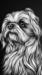 A detailed black and white illustration of a fluffy dog with textured fur showcasing its expressive eyes and regal posture