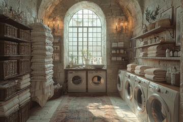 Wall Mural - A laundry room converted into a castle's laundry chamber, with vintage washing tools and intricate decor, reflecting historical domesticity. Concept of tradition.