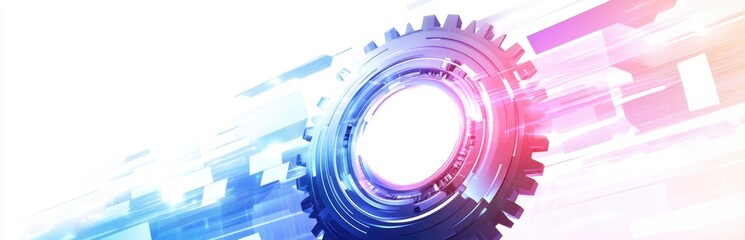 Abstract futuristic background with digital technology elements, in a blue and purple color scheme A white circle in the center of an abstract gear wheel surrounded by arrows pointing up Generative AI