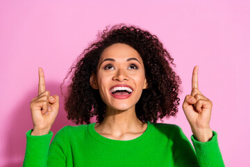 Poster - Photo of charming lovely cute woman wear green stylish clothes recommend empty space isolated on pink color background