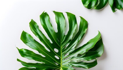 Wall Mural - Tropical Monstera palm leaf on white background with flat lay top view design and ample copy space