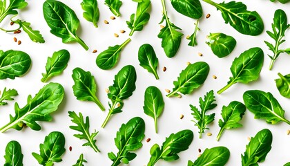 Wall Mural - Vibrant Pattern of Fresh Arugula Leaves on a Clean White Surface