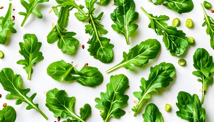 Vibrant Pattern of Fresh Arugula Leaves on a Clean White Surface