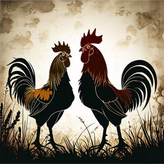 illustration 2 roosters on a dark background dividing their possessions