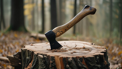 a wooden, iron axe stuck in a stump against the background of a forest. The woodcutter's axe