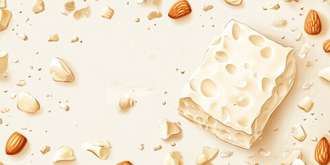 Poster - Close-up of nougat showing soft, chewy consistency with almond pieces, sweet illustration art