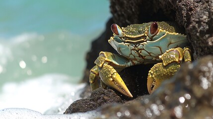 Canvas Print - A green crab with large red eyes is perched on a rocky shore, with waves gently lapping at the base of the rocks.