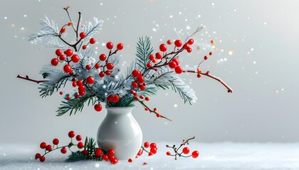 Wall Mural - Elegant winter arrangement of white branches, red berries, and leaves with sparkles in a vase against a pristine white background