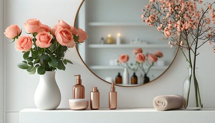 Wall Mural - Elegant bathroom oasis with coral roses, stylish decor, and reflective mirror against a pristine white backdrop