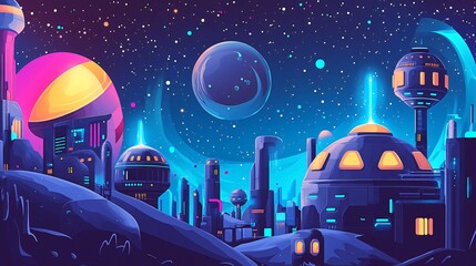 A futuristic city on a distant planet with glowing buildings and a starry night sky.