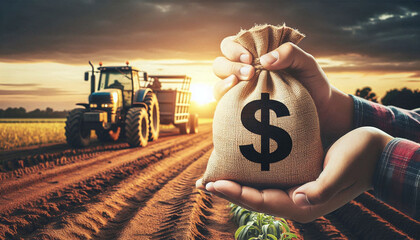 Hand Holding Money Bag with Tractor in Agricultural Field