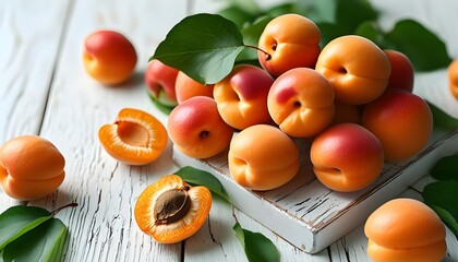 Wall Mural - Fresh apricots displayed on a rustic white wooden table