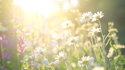 Sticker - A field of white daisies with a sunlit background.