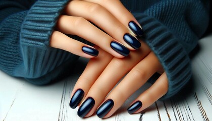 Elegant hands showcasing dark blue manicured nails against a soft blue fabric background.

