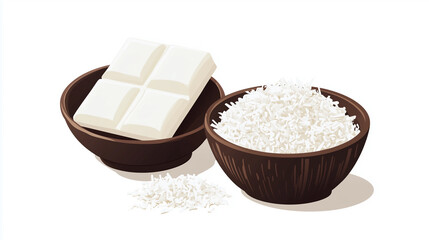 Poster - White chocolate square next to a bowl of coconut flakes, sweet illustration