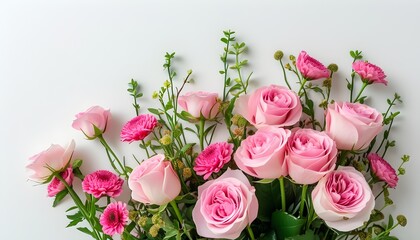 Elegant pink rose arrangement on a pristine white backdrop for celebrations and occasions like Easter, Womens Day, and Mothers Day