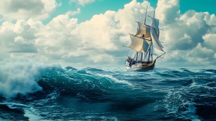 Wall Mural - Vessel sailing across the sea waves picture
