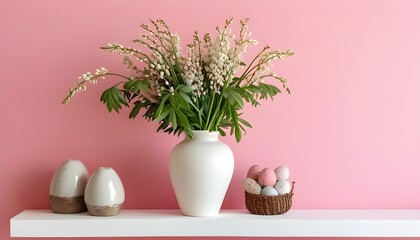 Wall Mural - Charming willow fur seals in a vase against a pink wall, adorned with light decor for Easter and Mothers Day celebrations on a stylish white shelf.